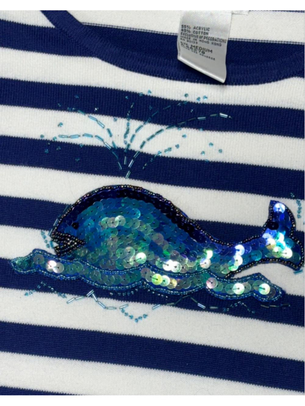 Quacker Factory Medium Striped Whale Top Sequin Beaded Nautical Knit Short Sleev